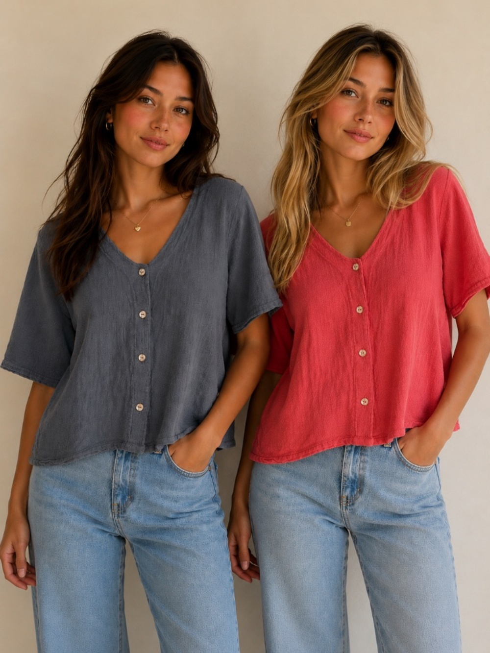 TWO 100% crinkle cotton boxy tops size US M/L slouchy oversized relaxed buttons